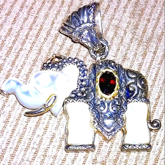 BarbaraBixby 18K Mother of Pearl Sterling YG Elephant Pendant with Garnets